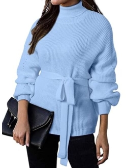 Women's Turtleneck Sweaters Long Sleeve Belted Waist Knitted Pullover Top