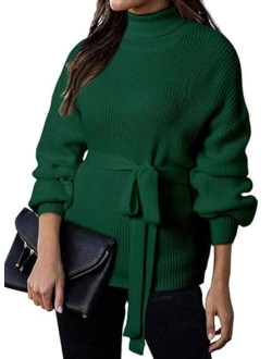 Women's Turtleneck Sweaters Long Sleeve Belted Waist Knitted Pullover Top