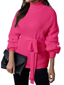 Women's Turtleneck Sweaters Long Sleeve Belted Waist Knitted Pullover Top