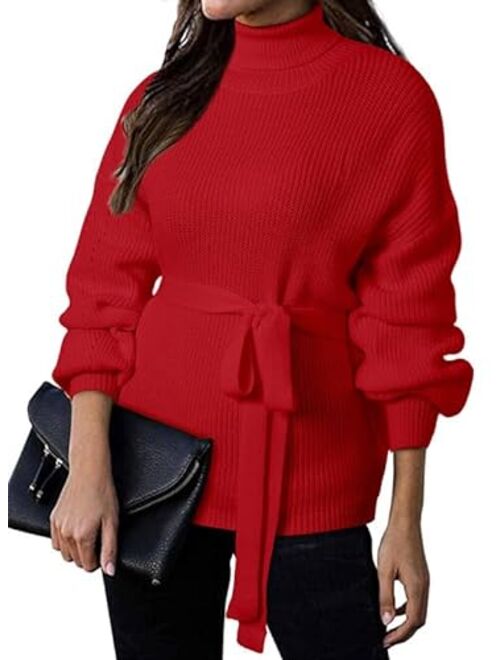 Dokotoo Women's Turtleneck Sweaters Long Sleeve Belted Waist Knitted Pullover Top