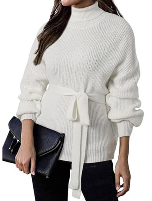 Dokotoo Women's Turtleneck Sweaters Long Sleeve Belted Waist Knitted Pullover Top