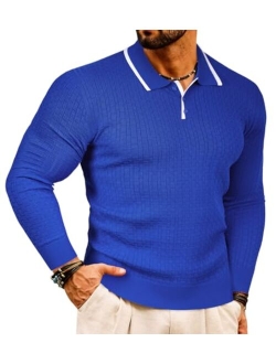 Beotyshow Men's Knit Polo Shirts Long Sleeve Sweater Polo Lightweight Fashion Casual Collared Striped Golf T Shirts