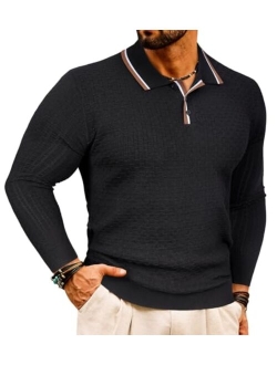 Beotyshow Men's Knit Polo Shirts Long Sleeve Sweater Polo Lightweight Fashion Casual Collared Striped Golf T Shirts