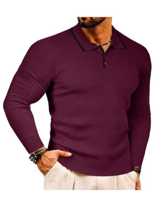 Beotyshow Men's Knit Polo Shirts Long Sleeve Sweater Polo Lightweight Fashion Casual Collared Striped Golf T Shirts