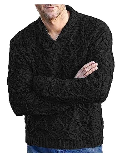 Beotyshow Mens Shawl Collar Pullover Sweaters Slim Fit V Neck Casual Cable Knit Sweater