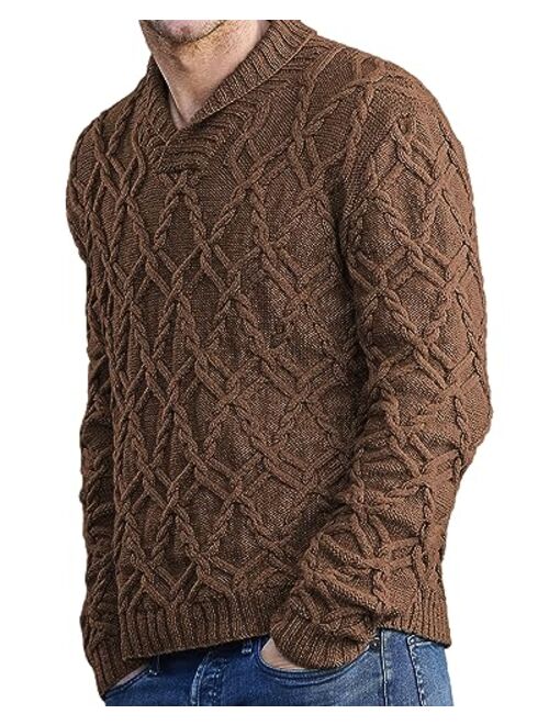 Beotyshow Mens Shawl Collar Pullover Sweaters Slim Fit V Neck Casual Cable Knit Sweater