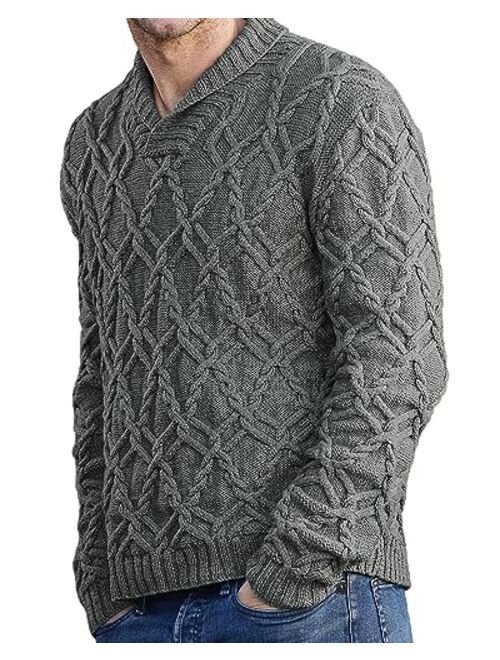 Beotyshow Mens Shawl Collar Pullover Sweaters Slim Fit V Neck Casual Cable Knit Sweater