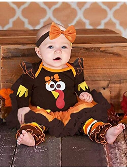 KANGKANG Thankgiving Outfits Baby Girls My First Thanksgiving Turkey Tutu Romper + Leg Warmers + Headband 3PC Outfits Set