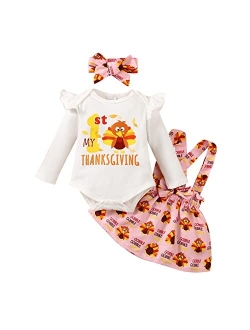 SOBOWO My First Thanksgiving Baby Girl Outfits Newborn Turkey Ruffle Sleeve Romper Suspenders Skirt Set Headband 3Pcs Clothes