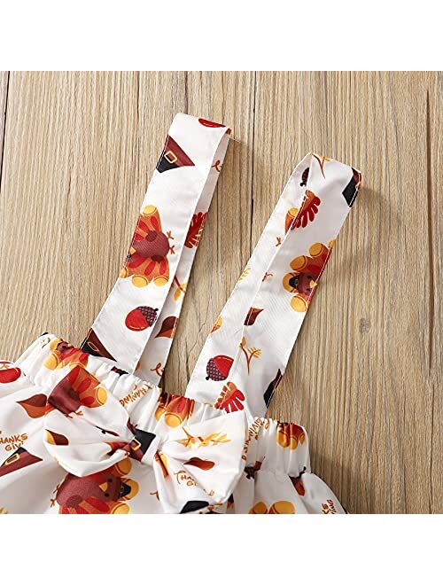 SOBOWO My First Thanksgiving Baby Girl Outfits Newborn Turkey Ruffle Sleeve Romper Suspenders Skirt Set Headband 3Pcs Clothes