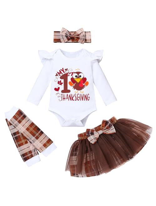 Xuuly My First Thanksgiving Newborn Baby Girls Clothes Romper Top Bow Tutu Short Skirt with Headband Dress Outfit Set