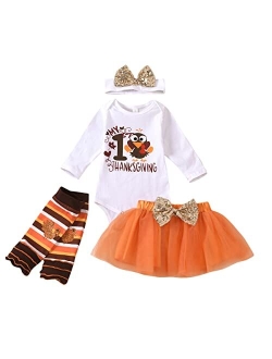 Xfglck Newborn Baby Girl My 1st Thanksgiving Skirt Outfit Letter Print Romper Tutu Skirt Headband Infant Turkey Set