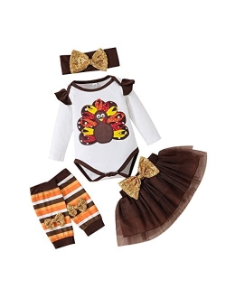 Noubeau Newborn Baby Girl Thanksgiving Outfits Turkey Long Sleeve Romper Tops Tulle Tutu Skirt Bow Headband Leg Warmers