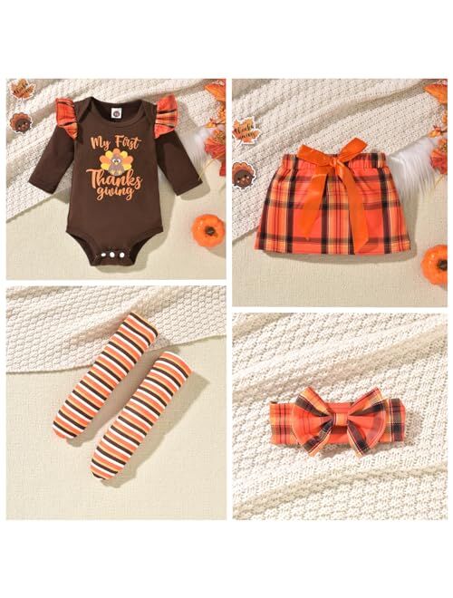 fioukiay My First Thanksgiving Baby Girls Outfit Turkey Romper Bow Short Skirt with Headband Infant Newborn Clothes Set