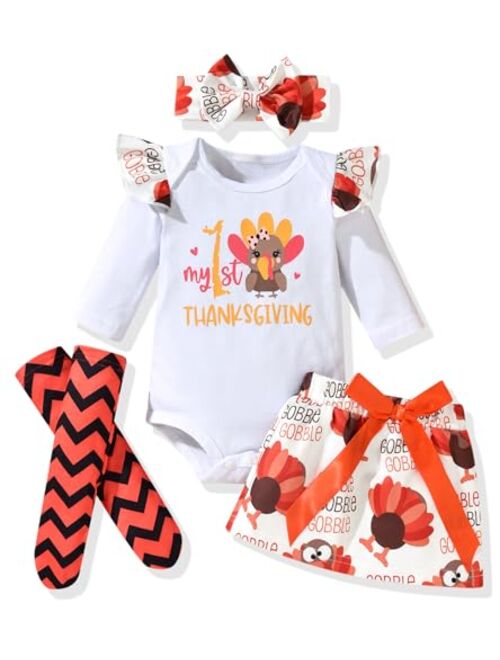 fioukiay My First Thanksgiving Baby Girls Outfit Turkey Romper Bow Short Skirt with Headband Infant Newborn Clothes Set