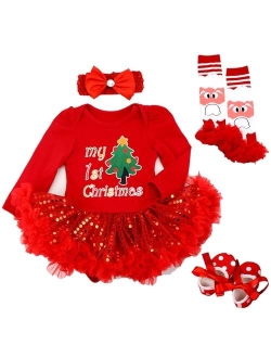 Kunyeah Baby Girls First Christmas Outfit Newborn Romper Tutu Dress Infant Sequin Xmas Skirt with Shoes Headband Leg Warmer