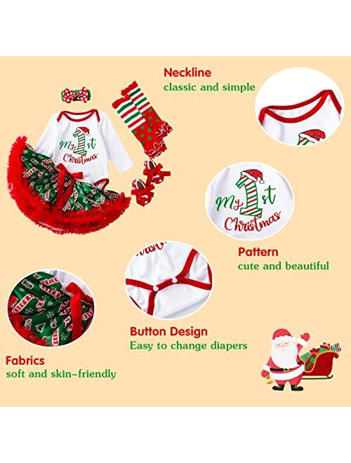 Kunyeah Baby Girls First Christmas Outfit Newborn Romper Tutu Dress Infant Sequin Xmas Skirt with Shoes Headband Leg Warmer