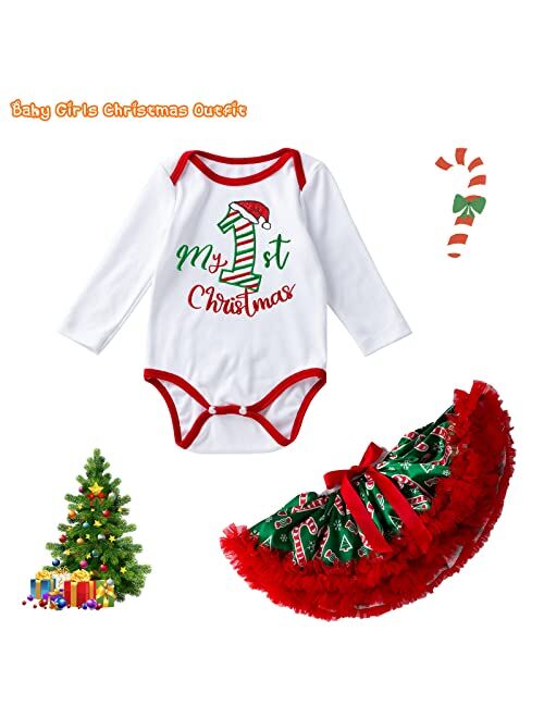 Kunyeah Baby Girls First Christmas Outfit Newborn Romper Tutu Dress Infant Sequin Xmas Skirt with Shoes Headband Leg Warmer