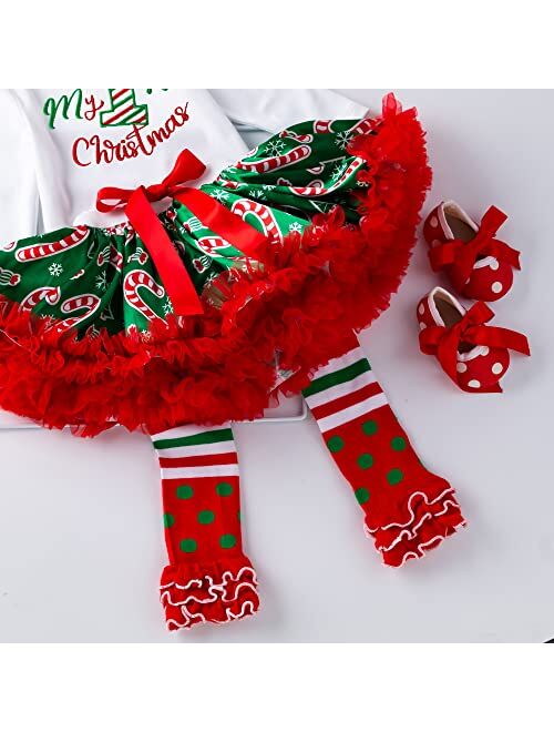 Kunyeah Baby Girls First Christmas Outfit Newborn Romper Tutu Dress Infant Sequin Xmas Skirt with Shoes Headband Leg Warmer