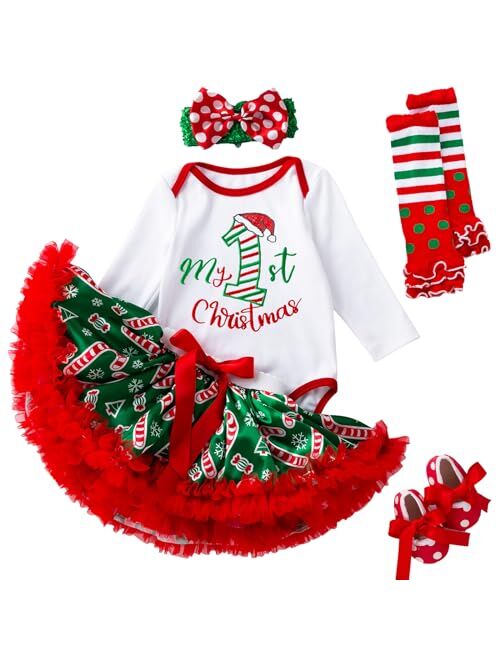 Kunyeah Baby Girls First Christmas Outfit Newborn Romper Tutu Dress Infant Sequin Xmas Skirt with Shoes Headband Leg Warmer