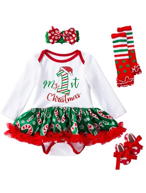 Kunyeah Baby Girls First Christmas Outfit Newborn Romper Tutu Dress Infant Sequin Xmas Skirt with Shoes Headband Leg Warmer