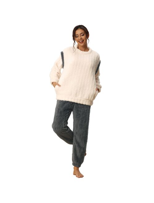 cheibear Womens Pajamas Sets Fluffy 2 Piece Fleece Pullover Tops Pants Loose Winter Sleepwear