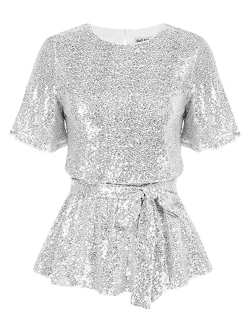 Women Sequin Party Cocktails Tops Short Sleeve Crew Neck Elastic Tie Waist Peplum Blouses