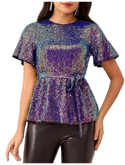 Women Sequin Party Cocktails Tops Short Sleeve Crew Neck Elastic Tie Waist Peplum Blouses