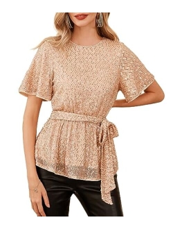 Women Sequin Party Cocktails Tops Short Sleeve Crew Neck Elastic Tie Waist Peplum Blouses