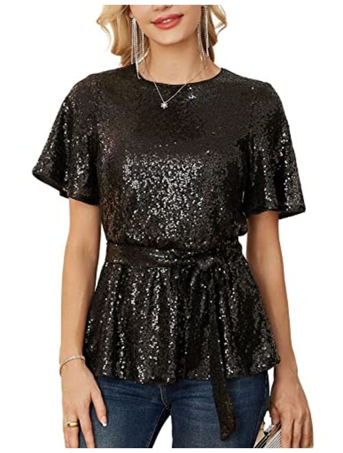 GRACE KARIN Women Sequin Party Cocktails Tops Short Sleeve Crew Neck Elastic Tie Waist Peplum Blouses