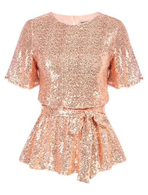 GRACE KARIN Women Sequin Party Cocktails Tops Short Sleeve Crew Neck Elastic Tie Waist Peplum Blouses