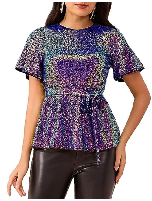 GRACE KARIN Women Sequin Party Cocktails Tops Short Sleeve Crew Neck Elastic Tie Waist Peplum Blouses