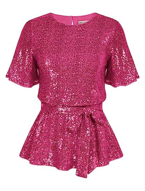 GRACE KARIN Women Sequin Party Cocktails Tops Short Sleeve Crew Neck Elastic Tie Waist Peplum Blouses