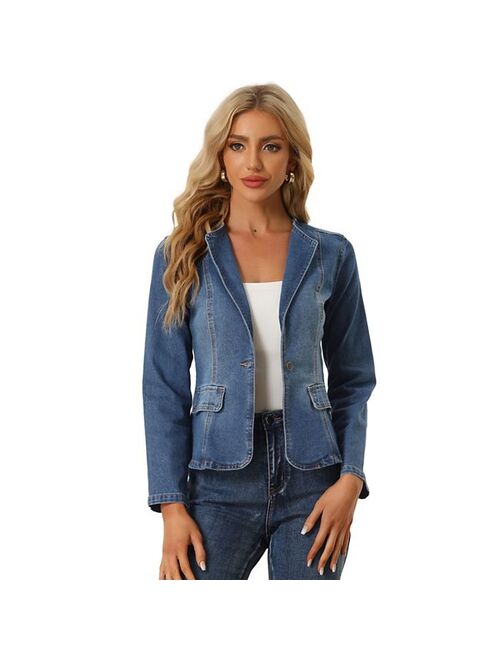 allegra k Lapel Collar Jean Jacket For Women's Long Sleeve One Button Work Denim Blazer