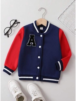 SHEIN Kids Academe Toddler Boys Letter Patched Thermal Varsity Jacket