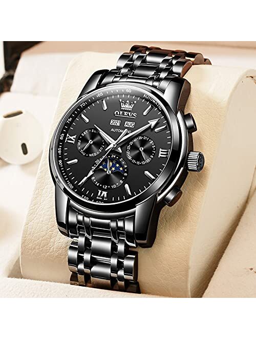 OLEVS Automatic Men Watches Mechanical Self Winding Luxury Dress Moon Phase Dial Stainless Steel Waterproof Luminous Men Wrist Watches