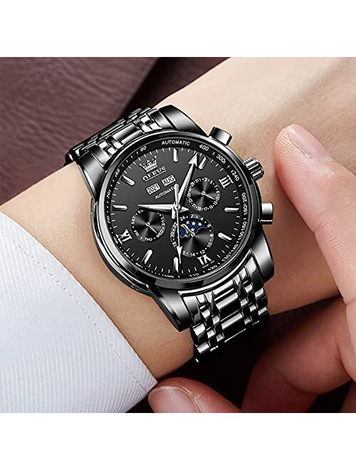 OLEVS Automatic Men Watches Mechanical Self Winding Luxury Dress Moon Phase Dial Stainless Steel Waterproof Luminous Men Wrist Watches