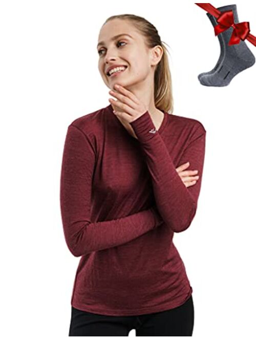 Merino.tech Merino Wool Base Layer Women 100% Merino Wool Lightweight, Midweight Long Sleeve Thermal Shirts + Wool Socks