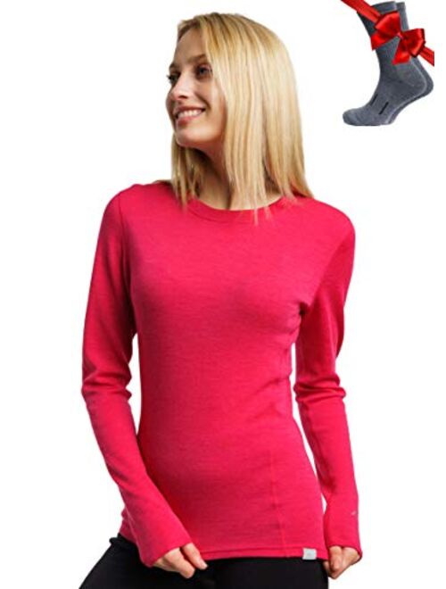 Merino.tech Merino Wool Base Layer Women 100% Merino Wool Lightweight, Midweight Long Sleeve Thermal Shirts + Wool Socks