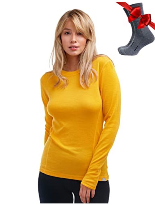 Merino.tech Merino Wool Base Layer Women 100% Merino Wool Lightweight, Midweight Long Sleeve Thermal Shirts + Wool Socks