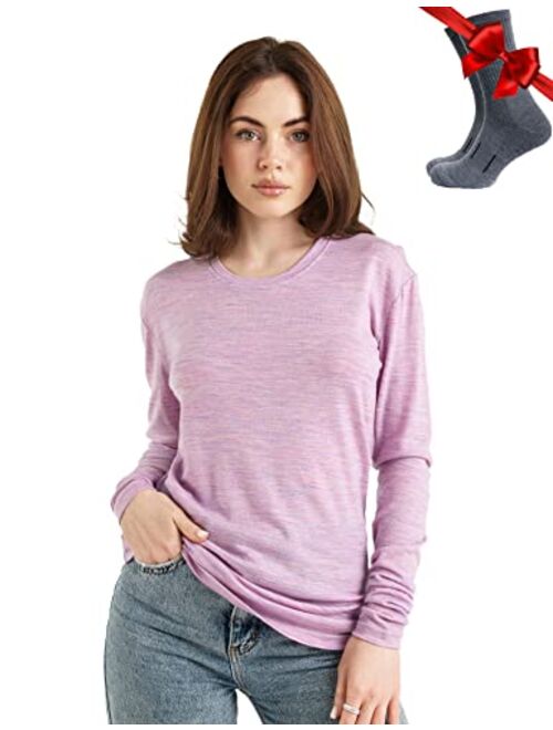 Merino.tech Merino Wool Base Layer Women 100% Merino Wool Lightweight, Midweight Long Sleeve Thermal Shirts + Wool Socks