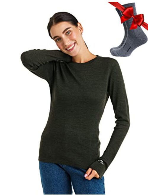 Merino.tech Merino Wool Base Layer Women 100% Merino Wool Lightweight, Midweight Long Sleeve Thermal Shirts + Wool Socks