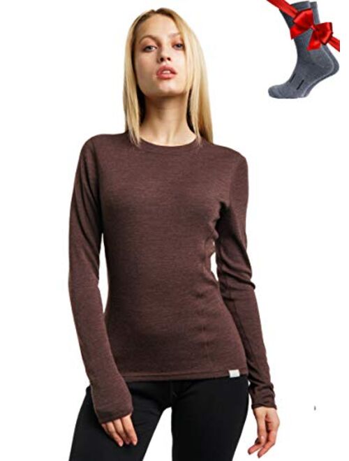 Merino.tech Merino Wool Base Layer Women 100% Merino Wool Lightweight, Midweight Long Sleeve Thermal Shirts + Wool Socks