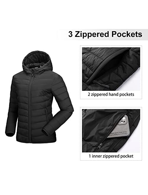 Outdoor Ventures Women's Packable Lightweight Full-Zip Puffer Jacket with Hood Quilted Winter Coat