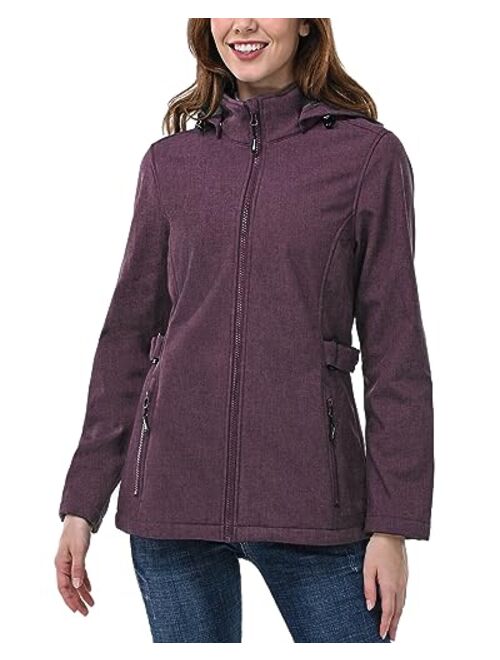 Outdoor Ventures Women's Softshell Jacket with Removable Hood, Insulated Windbreaker Waterproof Warm Fleece Lined Coat