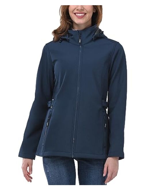 Outdoor Ventures Women's Softshell Jacket with Removable Hood, Insulated Windbreaker Waterproof Warm Fleece Lined Coat