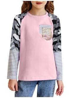 Girls Color Block Sweatshirts Long Sleeve Shirts for Girl Leopard Print Kids Girls Pullover Tops with Fashion Pocket