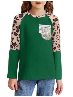 Girls Color Block Sweatshirts Long Sleeve Shirts for Girl Leopard Print Kids Girls Pullover Tops with Fashion Pocket