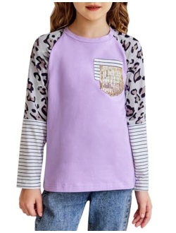 Girls Color Block Sweatshirts Long Sleeve Shirts for Girl Leopard Print Kids Girls Pullover Tops with Fashion Pocket