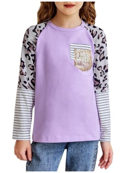 Arshiner Girls Color Block Sweatshirts Long Sleeve Shirts for Girl Leopard Print Kids Girls Pullover Tops with Fashion Pocket